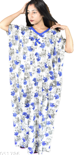 BDROX Cotton White with Blue Flower printed  Kaftan Nighty
