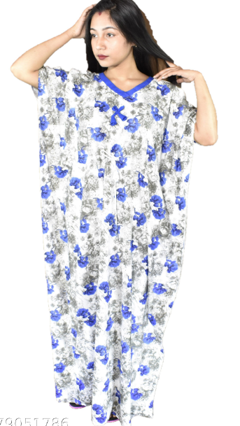 BDROX Cotton White with Blue Flower printed Kaftan Nighty