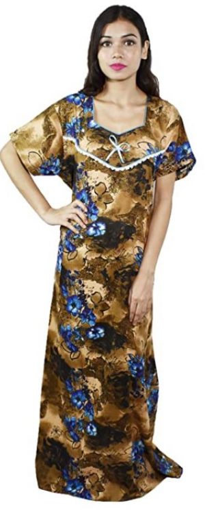 BDROX Pure Cotton Full Ankle Length Maxi Nighty with All Over Print Brown Base with Blue Flowers_Amazon#BDROX50CRESH_BBB _Meesho#TMx2Ho24 _flipkart#BDROX50CRESH_BBB