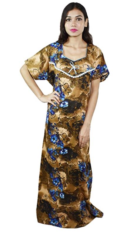 BDROX Pure Cotton Full Ankle Length Maxi Nighty with All Over Print Brown Base with Blue Flowers_Amazon#BDROX50CRESH_BBB _Meesho#TMx2Ho24 _flipkart#BDROX50CRESH_BBB