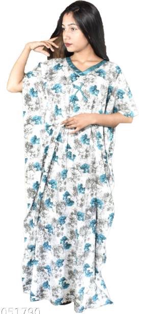 BDROX Cotton White with Green Flower printed  Kaftan Nighty