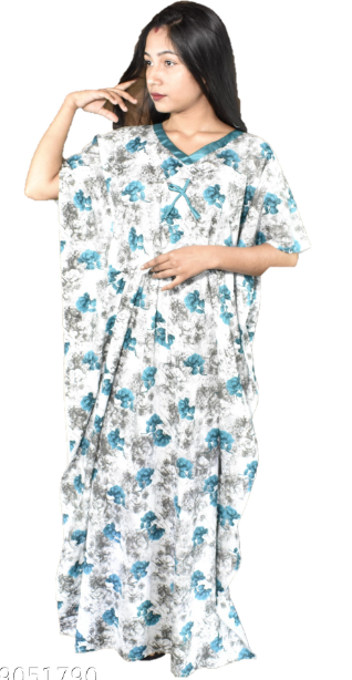 BDROX Cotton White with Green Flower printed Kaftan Nighty