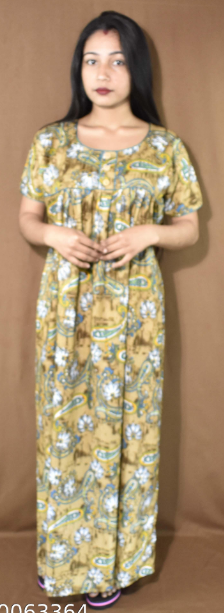 BDROX Cotton Biscuit color Base Round Neck with Button Green Maxi Nighty