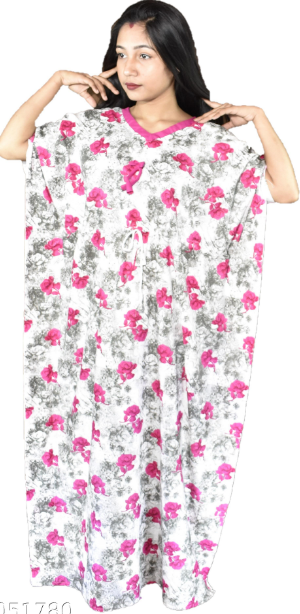 BDROX Cotton White with Pink Flower printed  Kaftan Nighty_amazon#_ BFINRF00000000423