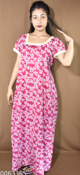 BDROX Cotton Flower Print Square Neck with Lace Pink Maxi Nighty_Amazon#BFINRF00000000343