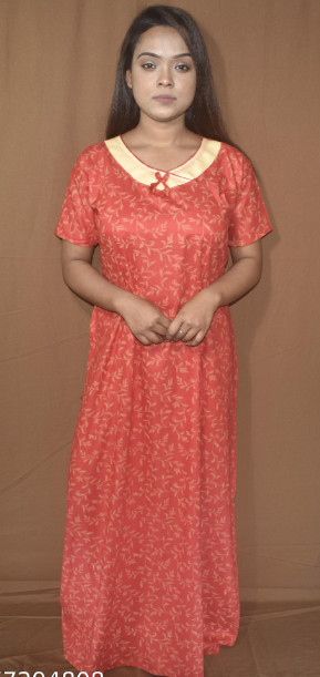 BDROX Cotton V shape Golden Print Red Maxi Nighty