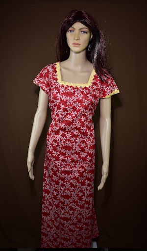 BDROX Cotton Flower Print Square Neck with Lace Red Maxi Nighty