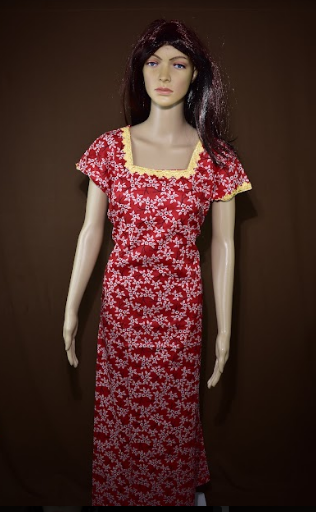 BDROX Cotton Flower Print Square Neck with Lace Red Maxi Nighty