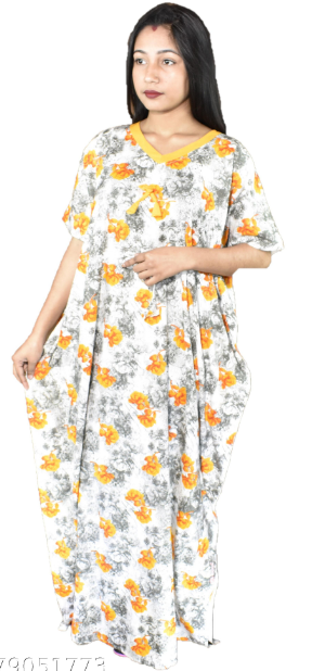 BDROX Cotton White with Yellow Flower printed  Kaftan Nighty AMAZONE-BFINMF00000000568