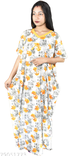 BDROX Cotton White with Yellow Flower printed Kaftan Nighty AMAZONE-BFINMF00000000568