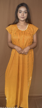 BDROX Cotton Round Neck Yellow Maxi Nighty