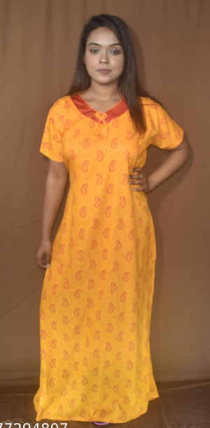 BDROX Cotton V shape Golden Print Yellow Maxi Nighty_MEESHO# 116781782