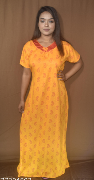 BDROX Cotton V shape Golden Print Yellow Maxi Nighty_MEESHO# 116781782