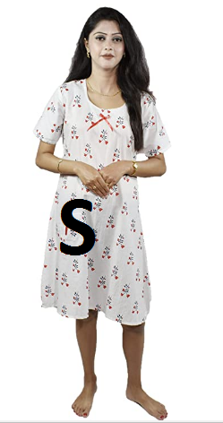 BDROX Cotton Short Length White Booty Printed Red Color Small Size Nighty_amazon#BDROX50BD_R_S