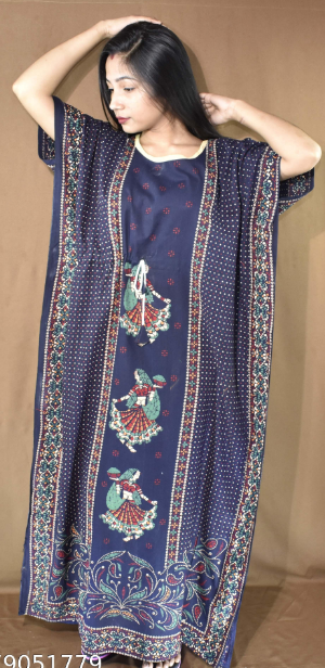 BDROX Gujri Cotton Girl with Dandia printed Blue Kaftan Nighty_Amazon#BINMF00000000342