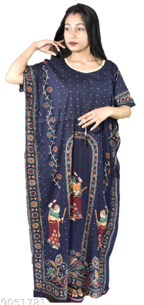 BDROX Gujri Cotton Girl with Basket printed Blue Kaftan Nighty
