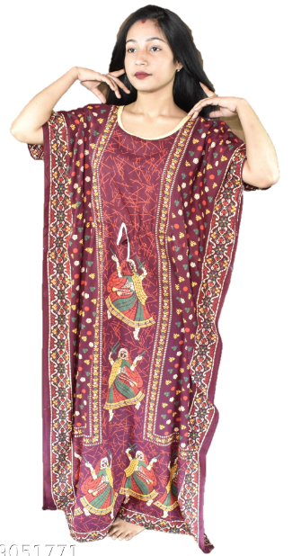 BDROX Gujri Cotton Girl with Dandia and dots printed Maroon Kaftan Nighty_meesho#BFGNMF00000000609