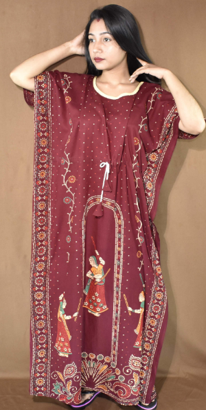 BDROX Gujri Cotton Girl with Dandia printed Maroon Kaftan Nighty