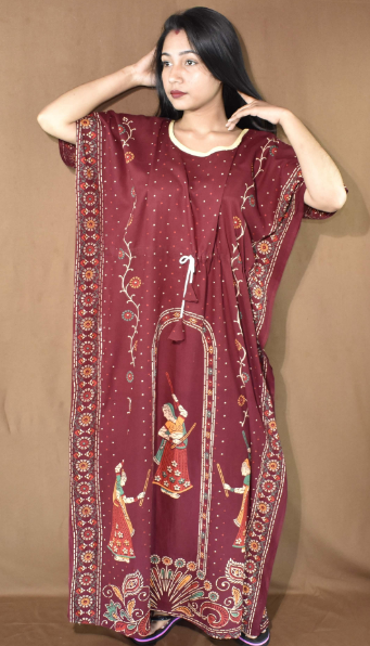 BDROX Gujri Cotton Girl with Dandia printed Maroon Kaftan Nighty