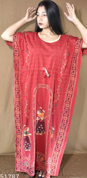 BDROX Gujri Cotton Girl with Dandia printed Red Kaftan Nighty-AMAZONE -BFGNBLF0000000746
