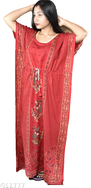 BDROX Gujri Cotton Girl with Basket printed Red Kaftan_BFGNRF00000000598