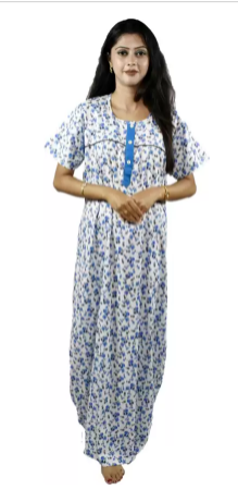 BDROX Cotton Blue Color Free Size Flower Printed Maxi Nighty