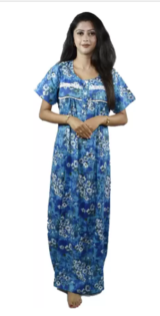 BDROX Cotton Deep Blue Color Free Size Flower Printed Maxi Nighty meesho_ X0eRQ9MN