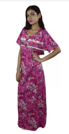 BDROX Cotton Deep Pink Color Free Size Flower Printed Maxi Nighty