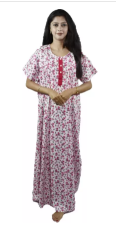 BDROX Cotton Pink Color Free Size Flower Printed Maxi Nighty