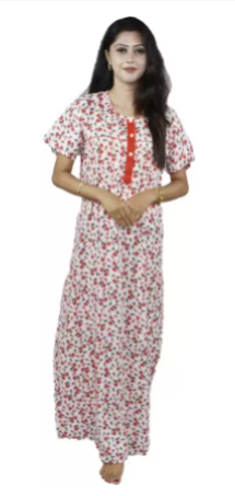 BDROX Cotton Red Color Free Size Flower Printed Maxi Nighty