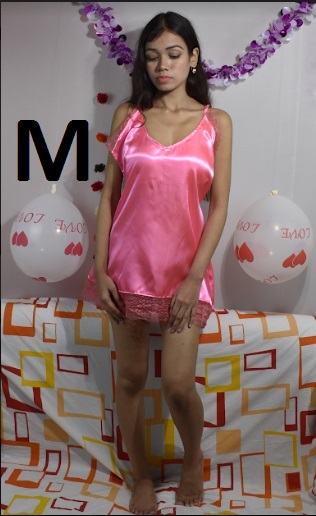 BDROX Estonished Satin Lace Babydoll Pink Color M Size Nightdress