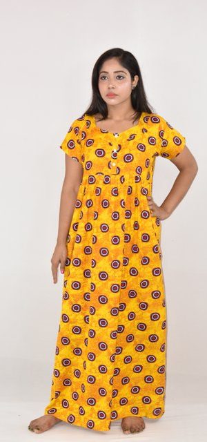 Yellow cotton Maxi Nighty with button