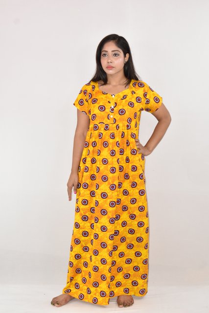 Yellow cotton Maxi Nighty with button
