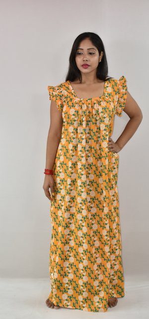 Yellow Cotton Maxi Nighty Square Neck Short Sleeves with pleats