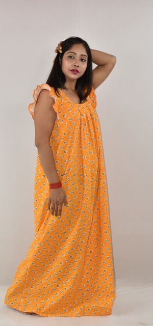 Yellow Cotton Maxi Nighty Square Neck Short Sleeves with pleats