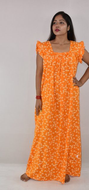 Yellow Cotton Maxi Nighty Square Neck Short Sleeves with pleats