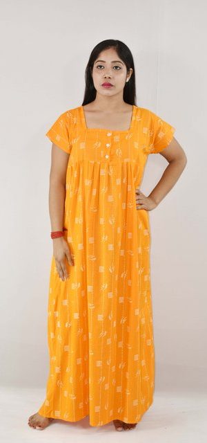 Yellow Maxi Nighty Square Neck with Button