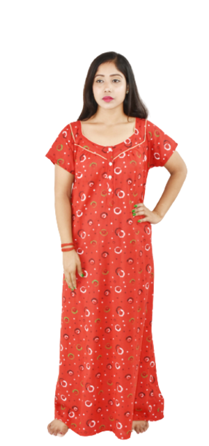 Square Neck Red Gujri Maxi Nighty Pipien With Button