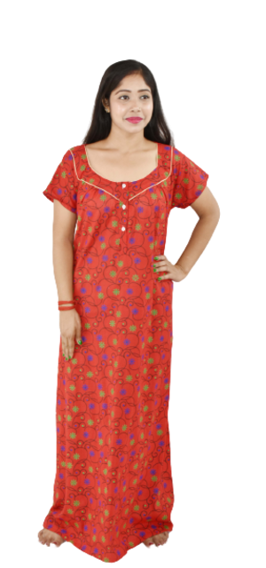 Square Neck Red Gujri Maxi Nighty Pipien With Button