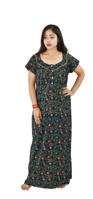 Square Neck Blue Gujri Maxi Nighty Pipien With Button