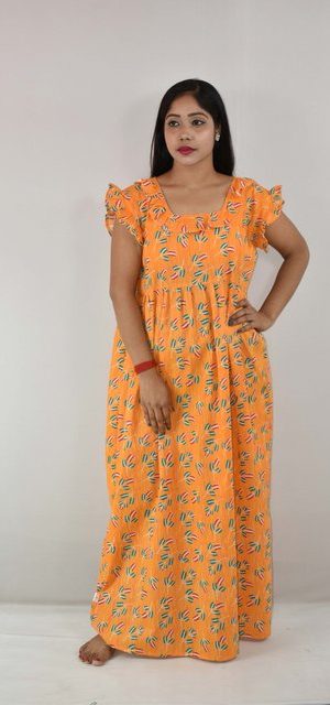 Yellow Cotton Maxi Nighty Square Neck Short Sleeves with pleats