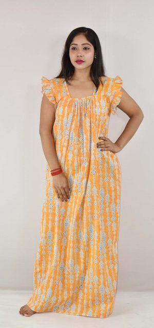 Yellow Cotton Maxi Nighty Square Neck Short Sleeves with pleats