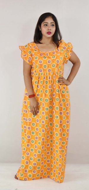 Yellow Cotton Maxi Nighty Square Neck Short Sleeves with pleats