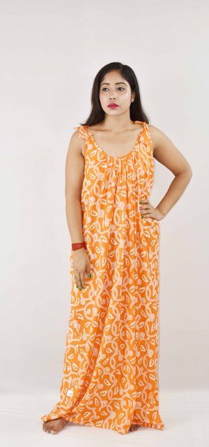 Yellow Cotton Ribbon Maxi Nighty