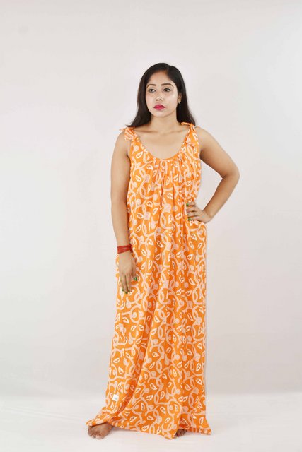 Yellow Cotton Ribbon Maxi Nighty