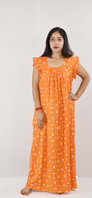 Yellow Cotton Maxi Nighty Square Neck Short Sleeves with pleats