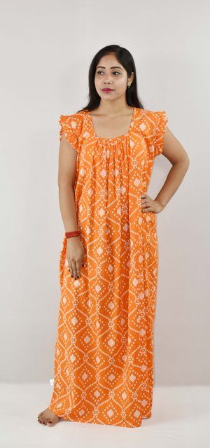 Yellow Cotton Maxi Nighty Square Neck Short Sleeves with pleats