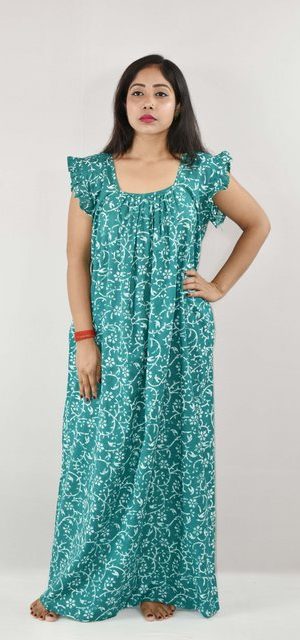 Sky Blue Cotton Maxi Nighty Square Neck Short Sleeves with pleats