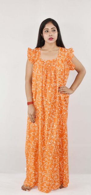 Yellow Cotton Maxi Nighty Square Neck Short Sleeves with pleats