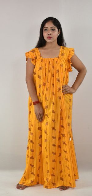 Yellow Maxi Nighty Square Neck Short Sleeves with pleats